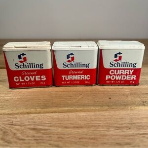 Vintage Lot of 3 Assorted Collectible Spice Tins SCHILLING Rustic Kitchen. Empty